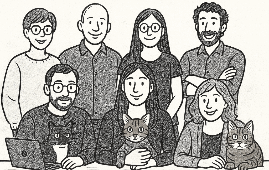 Eine bunte Menschengruppe und drei Katzen als Sinnbild für den itaxo-Verlag