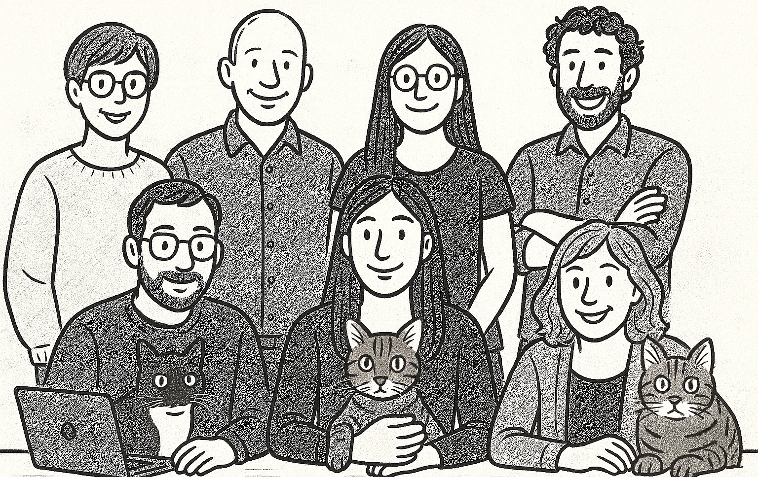 Eine bunte Menschengruppe und drei Katzen als Sinnbild für den itaxo-Verlag